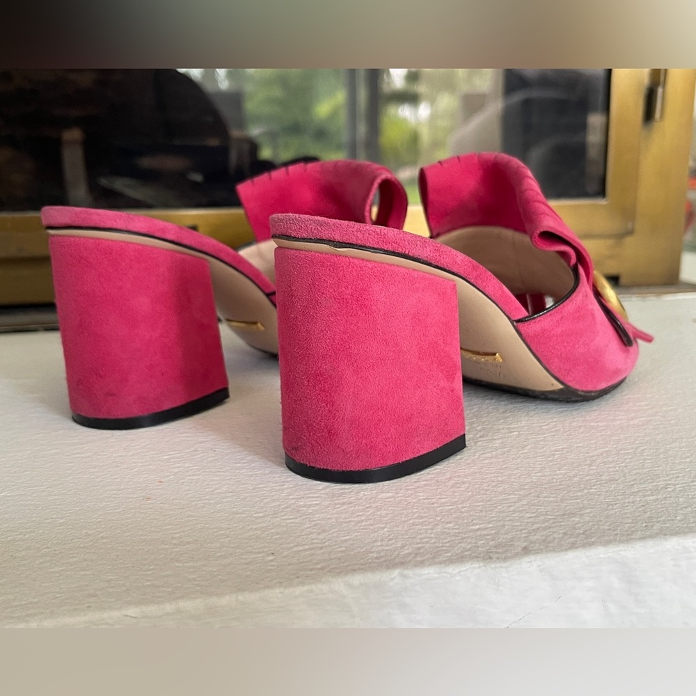 Gucci Hot Pink Suede Fringe Double G Block Heel Mules - Picture 10 of 16